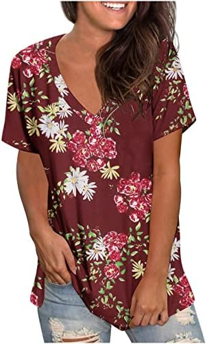 Camiseta floral com estampa floral feminino Tops de verão casual textura solta túnica impressa camiseta moderna de manga curta V blusas