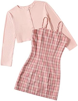 OyoAngeAnge Girl's 2 peças roupas xadrez cami com nervuras de lança longa com nervuras