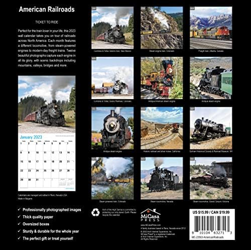 MICASA AMERICAN RAILROADS 2023 HONGABLE Monthly Wall Calendário | 12 x 24 aberto | Papel grosso e resistente | Presente