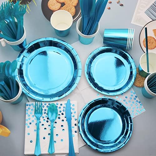 YWEDIIM Blue Party Tabelware Setty Supplies - Incluir pratos, xícaras, guardana