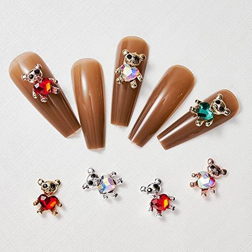 10pcs liga coração urso unhas arte 3d Charms 10 * 13mm Rhinestone Crystal Animal Metal Metal Manicure Design Acessórios