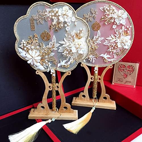 YCFBH Gold Bridal Hand Bouquets Tipo de ventilador Flores artesanais Feridas de metal chinês Round Round Fan Wedding Acessórios