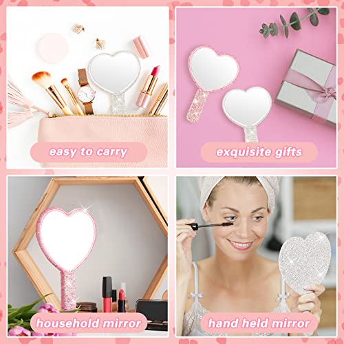 Tatuo 2 PCs Rhinestone Handheld Mirror Adorável Bling Glitter Cosmético Coração deslumbrante espelhos portáteis de mão com alça para