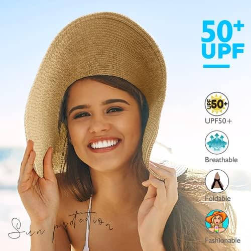 Chapéus de praia para mulheres, Chapéu de sol dobrável Proteção UV feminina, chapéus de largura de boho para mulheres, hat de