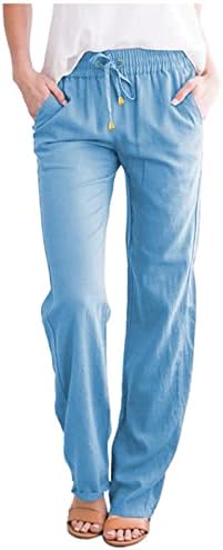 Calças casuais de linho de verão para mulheres calças de perna lisas soltas de alta cintura de cintura alta com bolsos de conforto