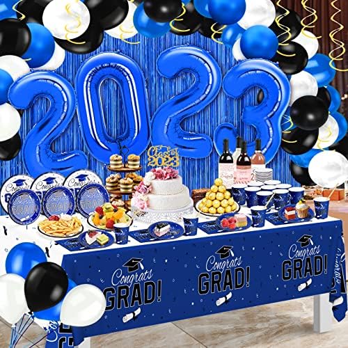 Decorações de festa de formatura 2023, kit de suprimentos para festas de formatura preto e azul, pratos de formatura e guardana