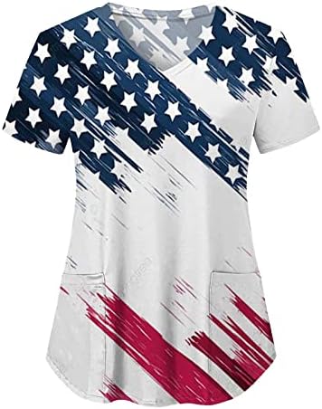 Tops de bandeira dos EUA para mulheres 4 de julho de verão Camiseta de decote em V Short com 2 bolsos Bloups Holiday Casual