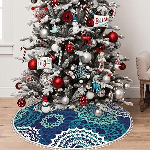 Saia de árvore de Natal da Mandala Bohemiana com acabamento em pom, verifique a saia da árvore de Natal para férias