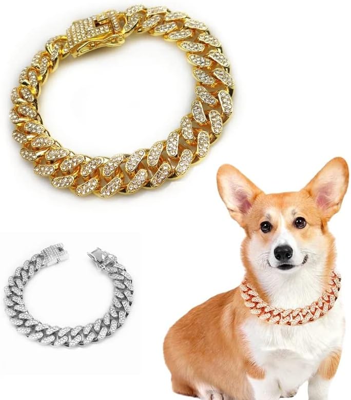 Feer Rhinestone Dog Chain Collar Metal Metal Gold Chain Chain Dog Collo