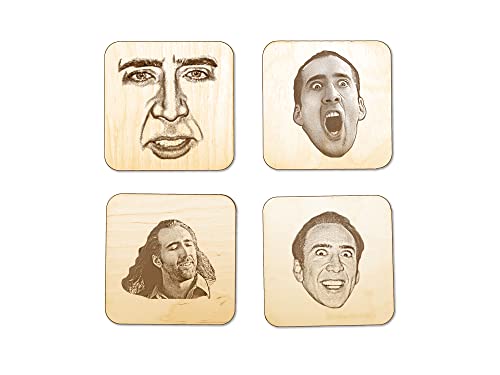 Coasters de Nicolas Cage Conjunto de 4 montanha -russa de madeira gravada Facta engraçada Nic gaiola Coasters e Bolsa de algodão