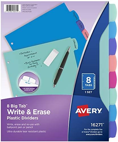 Avery Write & Erase Pocket Plastic Divishers e Durável Plastic 8-Tab Write & Erase Big Tab Divishers Para 3 ligantes de anel, Brights