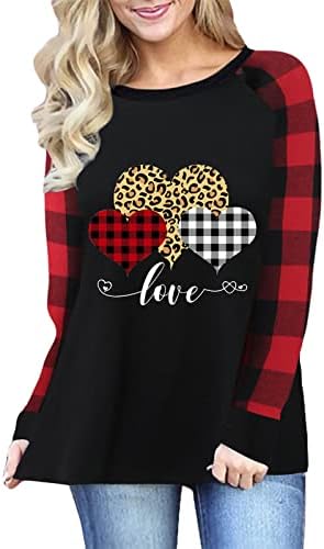 FMCHICO Pullover feminino T-shirt Dia dos namorados coração amor impressão de manga longa blusa blusa camiseta