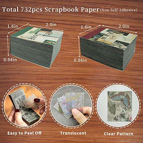 732pcs Papel de álbum de recortes e 20 rolos de fita washi, suprimentos de scrapbooking vintage para planejadores de lixo eletrônico,