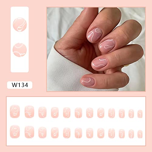 24pcs Pressione as unhas curtas e francesas unhas falsas bastão de curva branca nas unhas verão unhas falsas com designs