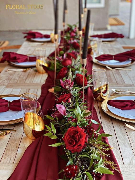 Floral Story de 10 pés de mesa de chiffon corredores para casamentos Borgonha para festa de casamento de casamentos rústicos