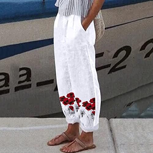 Dkkinjom Bohemian Beach Pants Women Women Comfy Cotton Linen Harem Pants Floral Print Loose Capri Palazzo Trouser