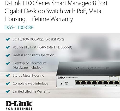 D-Link Ethernet Poe Switch, 8 Port Easy Smart Gerenciado Gigabit Gigabit Wireless Network Desktop ou montagem na parede