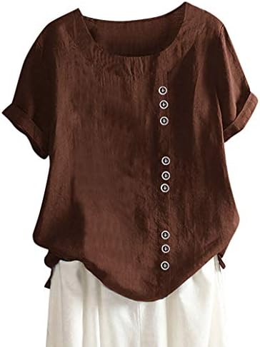 Botão de cor sólida feminina de tamanho grande linho de linho de algodão camiseta de camiseta curta camiseta de manga curta camisetas