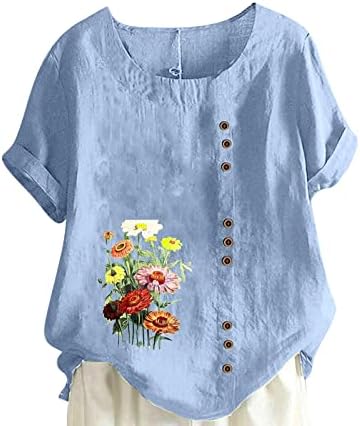 Blusa de algodão de algodão de algodão Mulheres de manga curta Crewneck Daisy Floral Graphic Lounge Grande camisa de blusa para mulheres