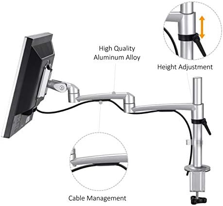 Suporte de monitor único de alumínio premium, suporte de braço de monitor único de movimento completo com extensão de pólo, montagem
