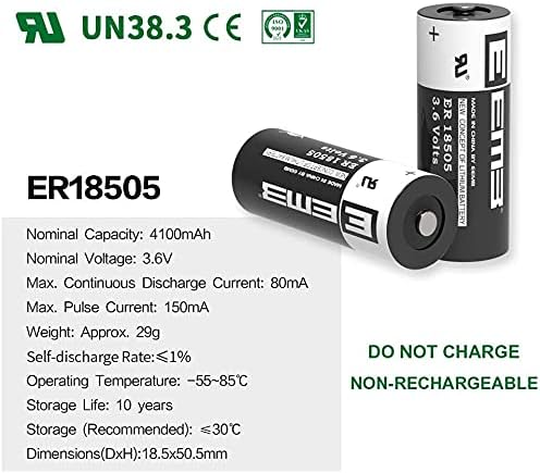 EEMB ER18505 NÃO RECULADORES BATERIA DE LITHUIO DE 3,6V LI-SOCL₂ 4100mAH Capacidade de alta capacidade UL Certificada de