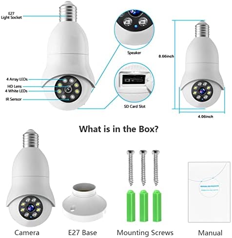Câmeras LOVSKOO para a câmera da lâmpada de segurança em casa Monitor de câmera de bebê com vídeo HD 1080p, 2MP, 360 graus E27 IP