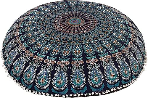 32 azul indiano mandala grande piso capa de pouf redonda cama de cachorro indiano pouf otomano tampa artesanal