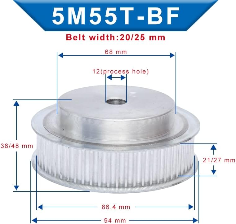 Polia de tempo profissional 5m 55t bf tipo, dentes afar 5 mm de processo de processo 12 mm de polia largura de roda 21/27 mm para