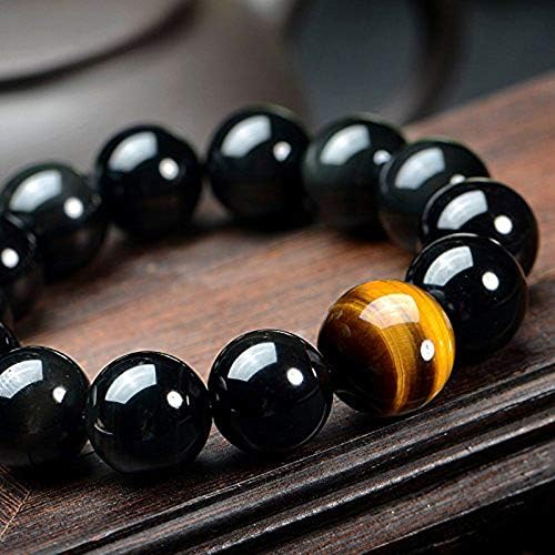 SX Commerce Bracelet Natural Obsidian Black Natural 10mm ou 12 mm de pedra com um olho de tigre exclusivo para homens e mulheres