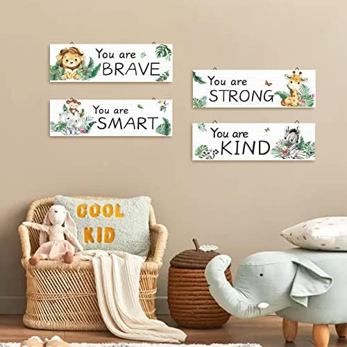 Decálmile 4 peças Jungle Animal de madeira pendurando placas de safári de madeira decoração de parede bebê berçário infantil decoração