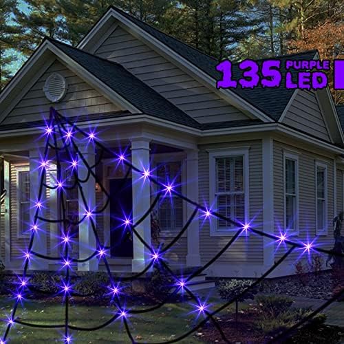 Luzes da teia de aranha de Halloween Peiduo, 16*15 pés iluminam a teia de aranha preta com 135 luzes roxas à prova d'água LEDs