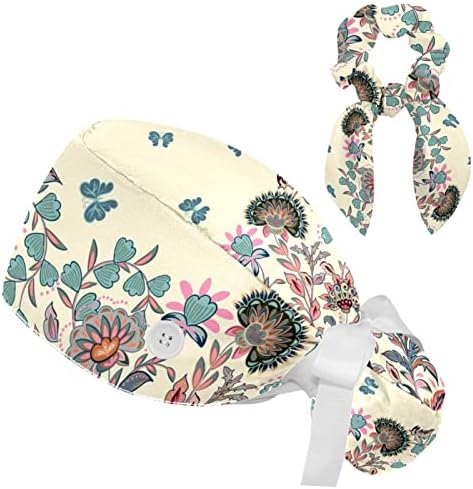 Flores retrô ajustáveis ​​e borboletas chapéu bufante com botões Scrub Hat Scrub