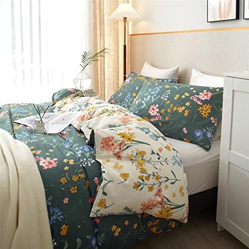 PinkMemory Green e White Duvet Capa King algodão, reversível Padrão de flor de jardim Bedding Duvet Set King com travesseiros