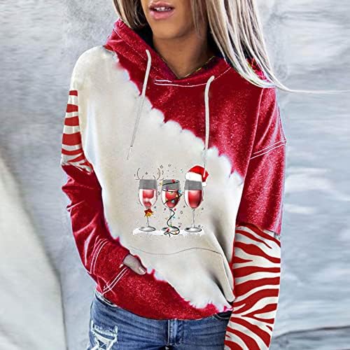 Capuz de natal feminino Hoodie de vinho tinto de vidro de vidro de impressão de manga longa bloco colorido bloco de coloração