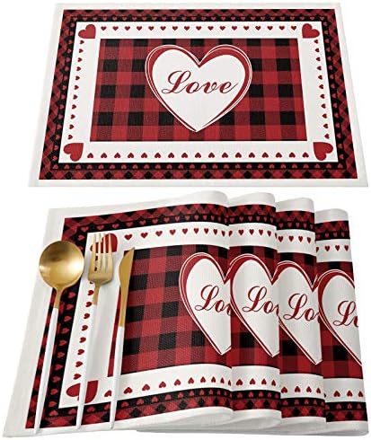 Greeeen Romântico Dia dos Namorados Placemats Conjunto de 4 Love Hot Love Sweet Heart Red Buffalo Verifique o tape