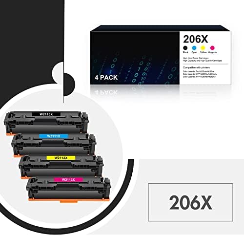 206x Cartuchos de toner 4 Pacote de alto rendimento 206a | Substituição compatível para HP 206A 206X W2110A W2110X COLOR MFP M283FDW M283CDW M283 PRO M255DW M255 TINK | Magenta amarela do ciano preto