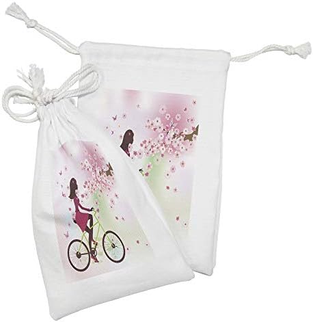 Conjunto de bolsas de tecido feminino de Ambesonne de 2, garota de bicicleta que passa por cerejeiras floresce ilustração sazonal