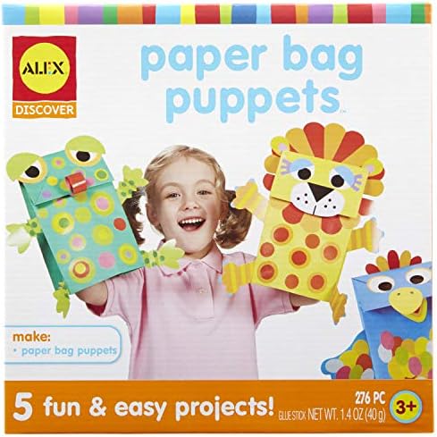 Alex Toys Paper Bag Puppets Crianças Arte e Artesanato Multicolor, Inclui 5 sacos coloridos, 270 adesivos e formas