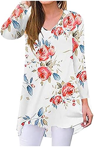 Túnica floral de manga longa de outono feminino Túdos de canela de camiseta solta de camiseta solta de decote em V para mulheres