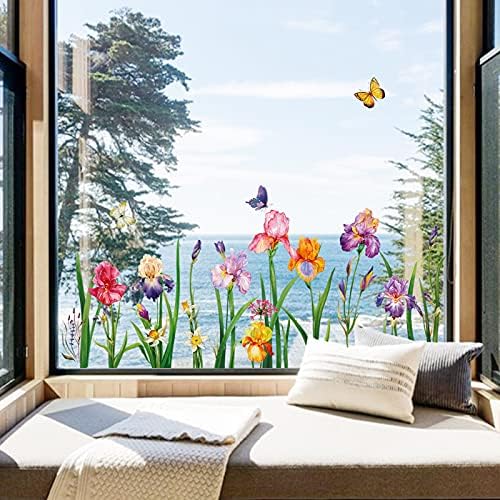 Decalmile Spring Summer Jardim Jardim Banela se apega à dupla face Iris Daffodil Decalques de janela floral Decalques de vidro portas de vidro Adesivos de janela Presentes para mamãe