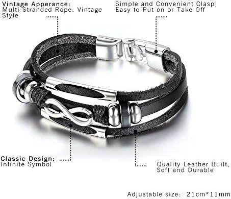 Oidea His Her Snoxless Aço Infinito Símbolo Bracelete de Couro, Ajuste para 1-8.1 polegada Pulseira