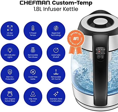 Chefman Electric Kettle com controle de temperatura, infusor de chá removível, 5 predefinições Indicadores LEDs,