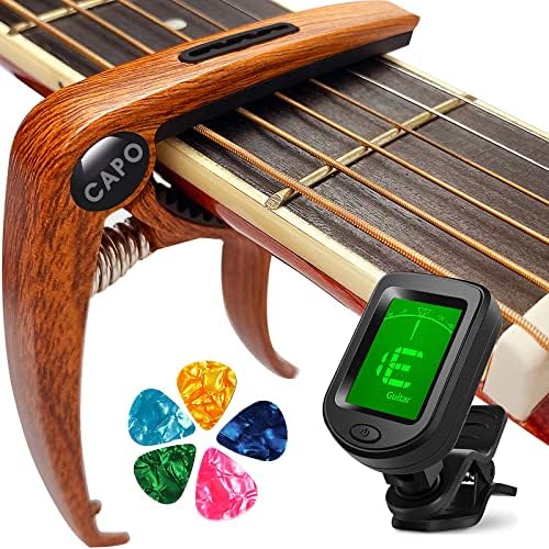 Tuner de guitarra Veele liga de zinco Ajustando capo de guitarra e 20 PCs Picks de guitarra, clipe no sintonizador cromático