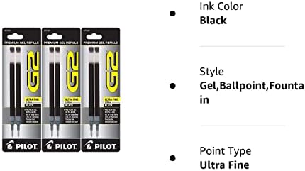 Pilot G2 Gel Ink Pen Recarias, Ultra Fine Point, 0,38 mm, tinta preta, 6 recargas