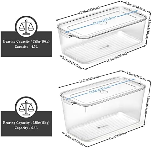 EZARARE 6 Pacote empilhável Clear Refrigerator Organizer Bins com tampa, recipientes estreitos de caixa de armazenamento de