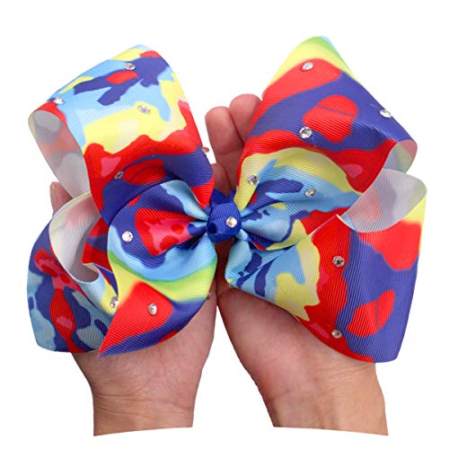 Céllot Roscos de 8 polegadas para meninas, Bling Giant Giant Giant Giant Bows Clips, 6pcs Multi-Colorr Grosgrain Rainbow