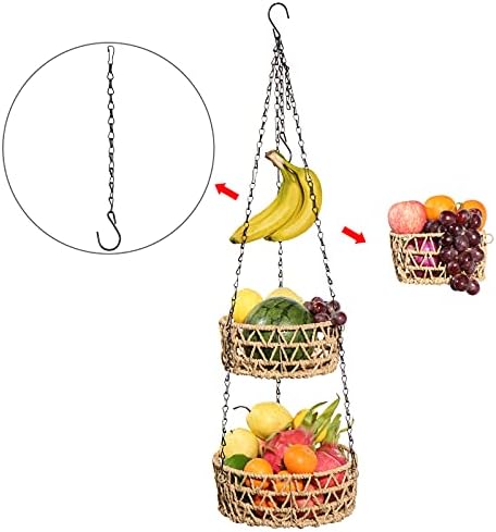 Merysen pendurado cesto de frutas de 3 camadas corda de papel de tecido vegetal e organizador de frutas - Corrente ajustável - Macame