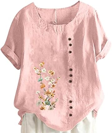 2023 Tops de verão feminino de linho de algodão Top top top casual de manga curta de túnica blusa floral plus size botões