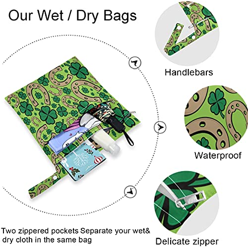 VISESUNNY Green Lucky Horseshoe Four Clover 2pcs Saco molhado com bolsos com zíper lavandable reutilizável para viagens,