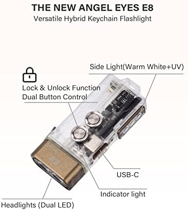 ROVYVON E8 EDC Lanterna USB C Recarregável - 4000K High Cri, 500 lúmens Dual Power Keychain Lanterna compatível com bateria